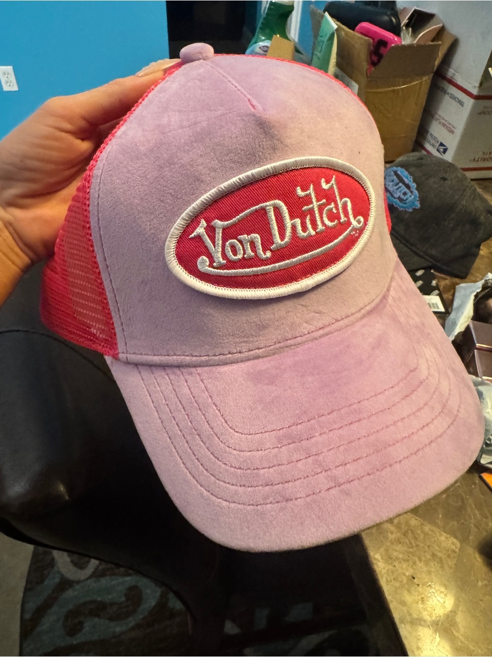 Von Dutch Pink and Red Mesh Logo Trucker Cap